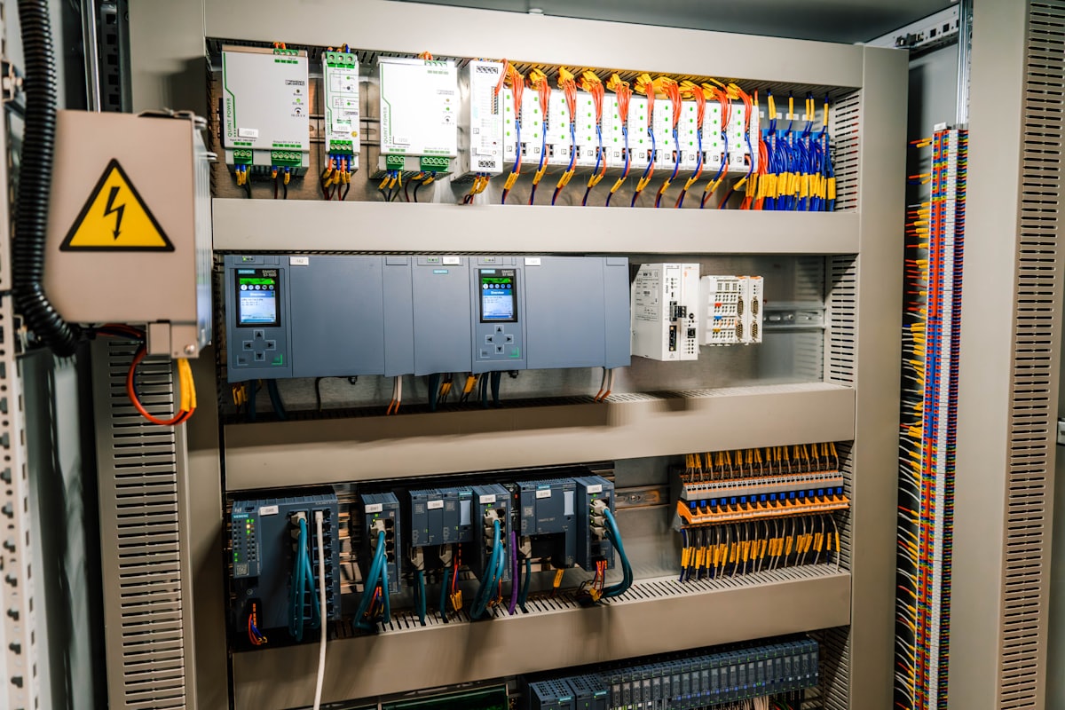 Armoire électrique industrielle ouverte avec automate et câblage